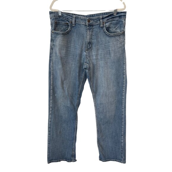 Flypaper Bootcut Jeans Size 34 x 34 Light Wash Distressed Frayed Hem Denim Rodeo - Picture 1 of 10